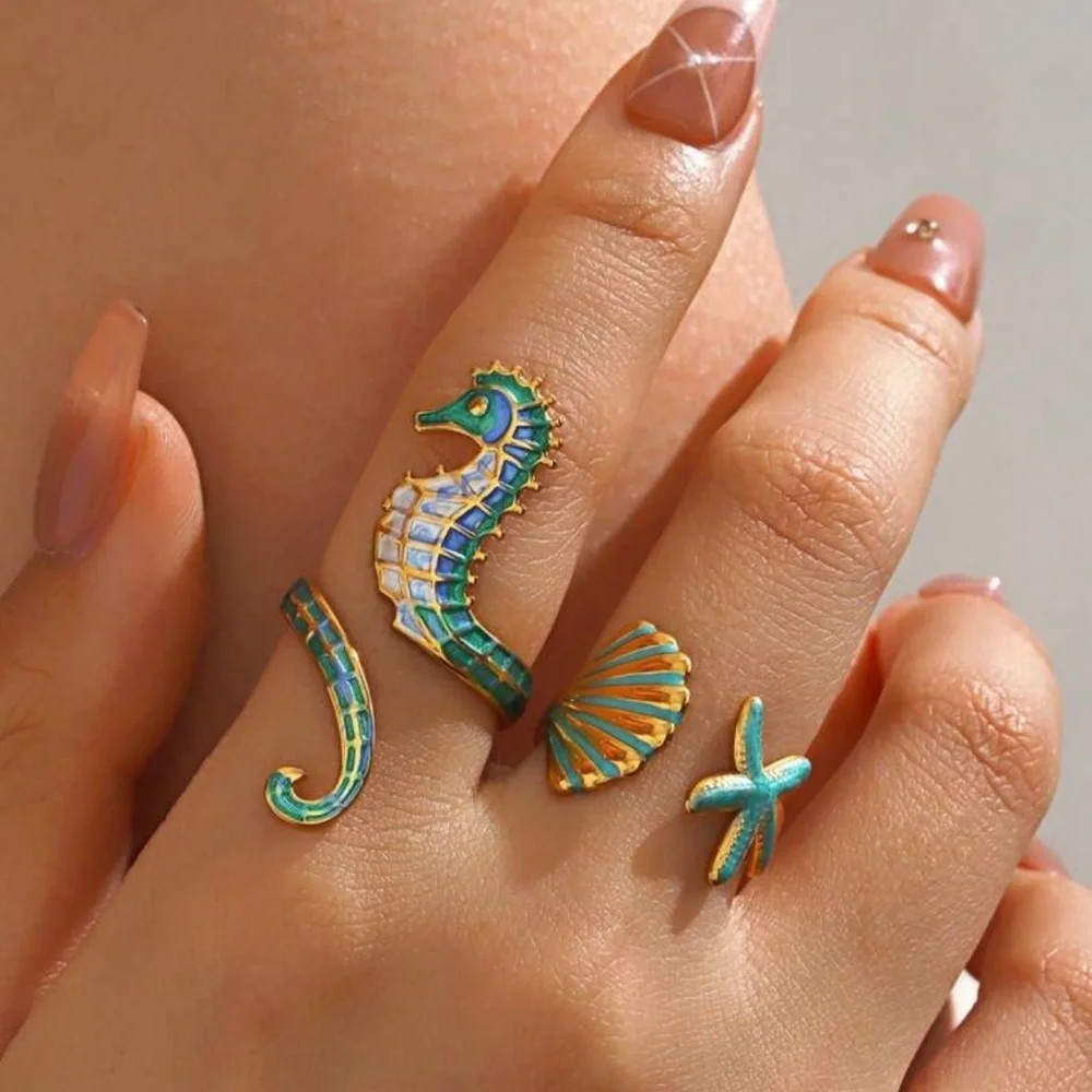 2 Pcs Summer Jewelry Set | Colorful Enamel Starfish & Seashell Rings